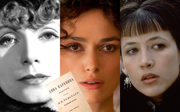Kitabın ilk baskısının kapağı ve üç farklı Anna: Greta Garbo, Sophie Marceau, Keira Knightley.